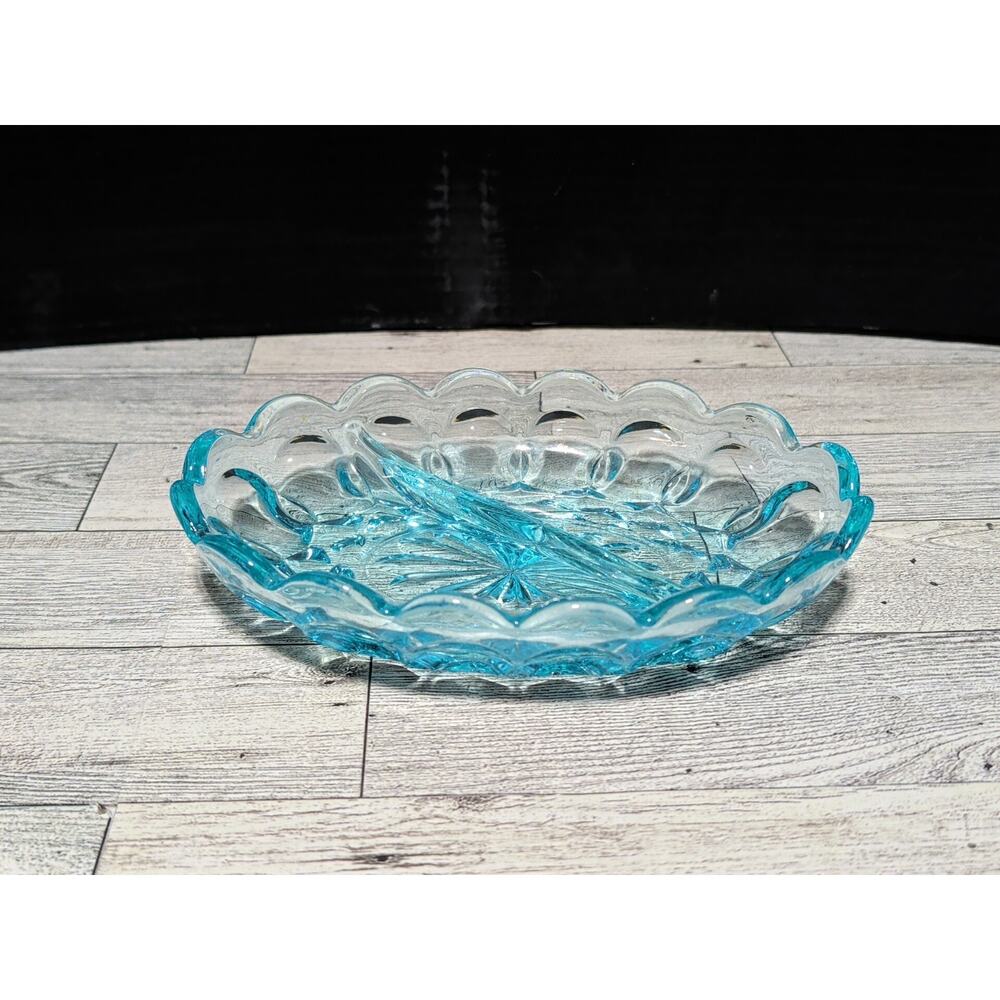 Vintage Fairfield Aqua Blue Anchor Hocking Divided Glass Relish Dish Candy Dish
